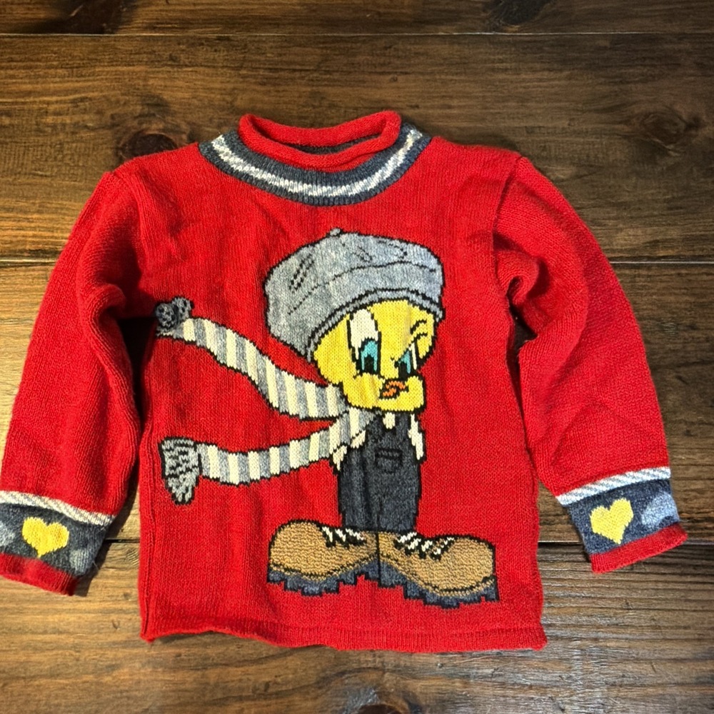 Vintage 1996 Looney Tunes Tweety Bird Kids 5/6 Red Knit Sweater Warner Bros